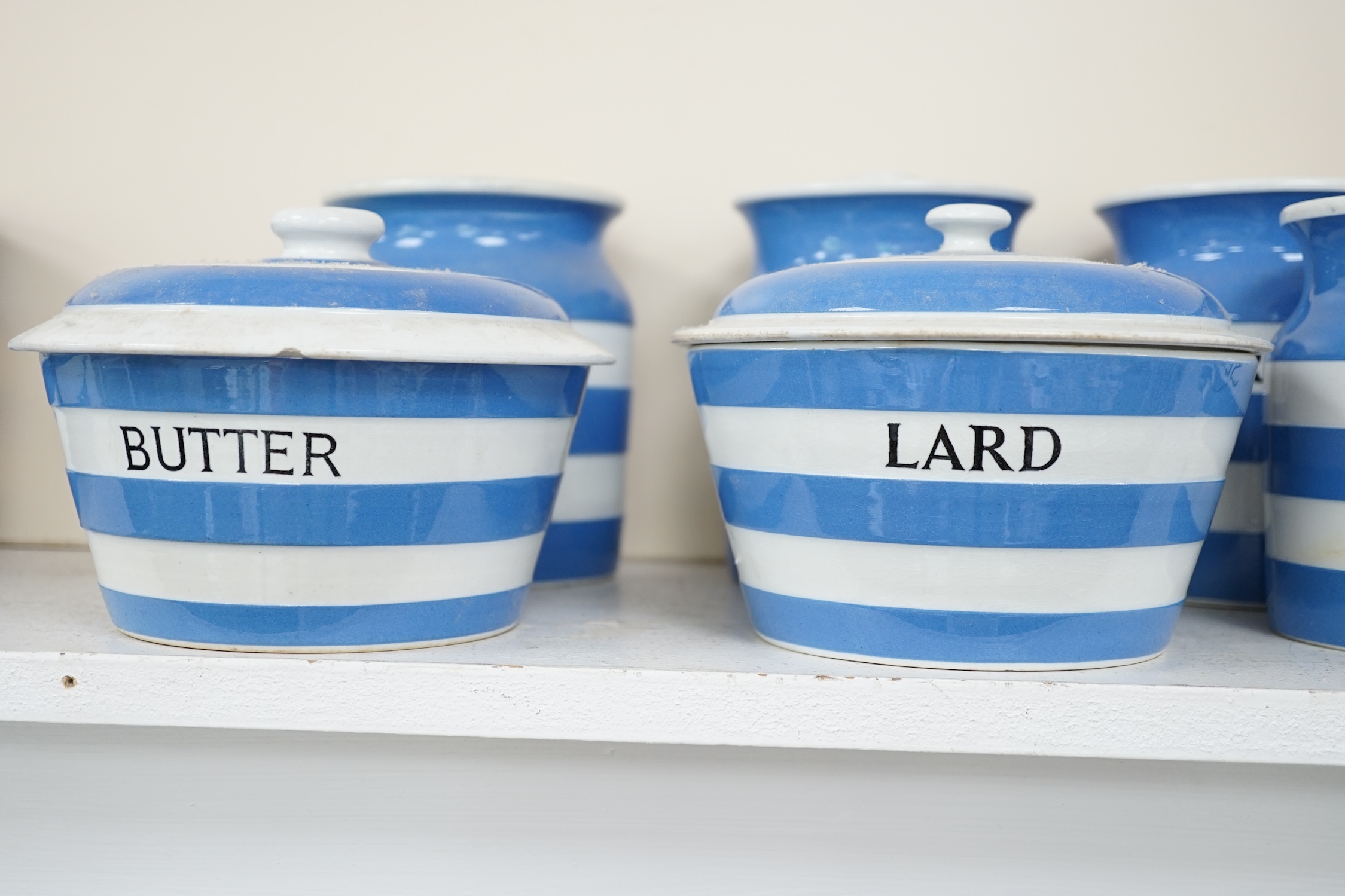 T.G.Green Cornish Kitchenware, fifteen lidded storage jars, to include Moist Sugar, Spaghetti, Semolina, Patna Rice, Brown Rice, Butter and Lard, largest 14cm high, Black Shield marks. Condition - poor, fair and good